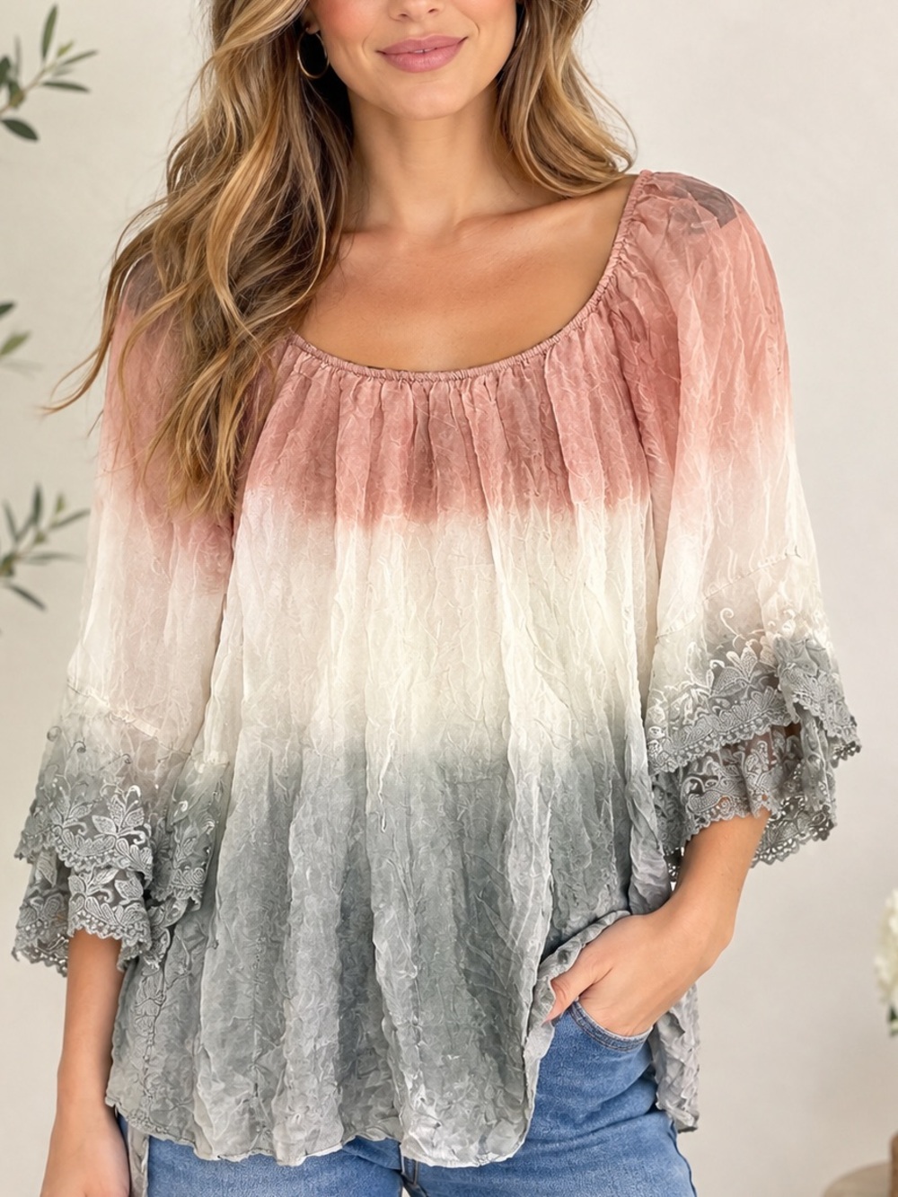 Made in Italy Silk Ombre Lace Sleeve Tunic Top - Pink, Cream & Gray